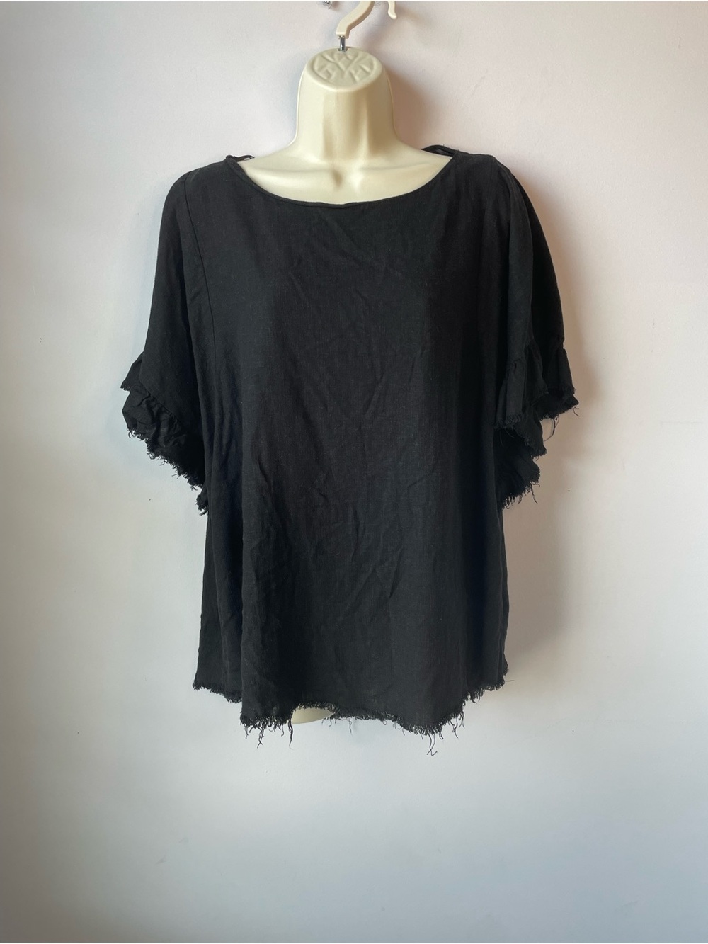 Umgee Black Frayed Short-Sleeve Women’s Linen Top 1XL High Low Hem Lagenlook